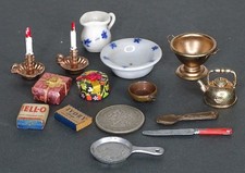 Vintage DOLLHOUSE FURNITURE Lot BRASS CANDLEHOLDER Tea Kettle BOWL PITCHER Etc