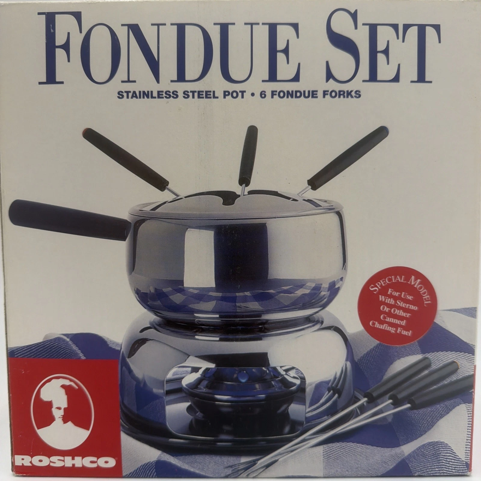Vintage ROSHCO Fondue Set Stainless Steel Pot 6 Forks New In Box NOS.
