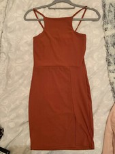 Pretty Little Thing Auburn 90’s Neck Split Front Midi Dress Size 8 Bnwt