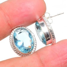 Aquamarine Gemstone Handmade 925 Sterling Silver Jewelry Stud Earring Sz 0.75"