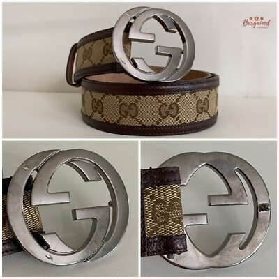 Authentic GUCCI Brown Monogram Canvas Silver Interlocking G Buckle