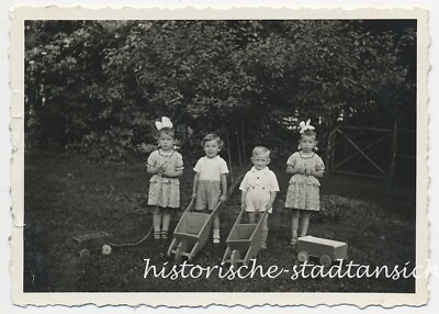 Children with Wheelbarrow Wooden Toy - Twins - Beautiful Vintage Photo 1930s