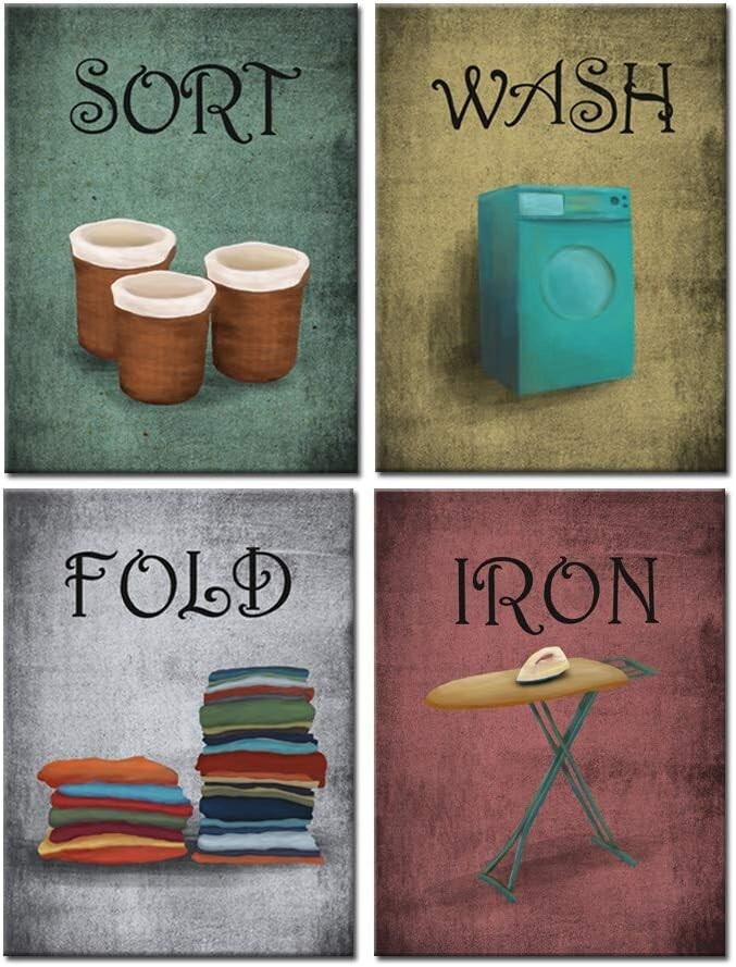 Vintage Laundry Room Wall Art Set of 4 Funny Canvas Prints Ready to Hang 50s Style Decor  