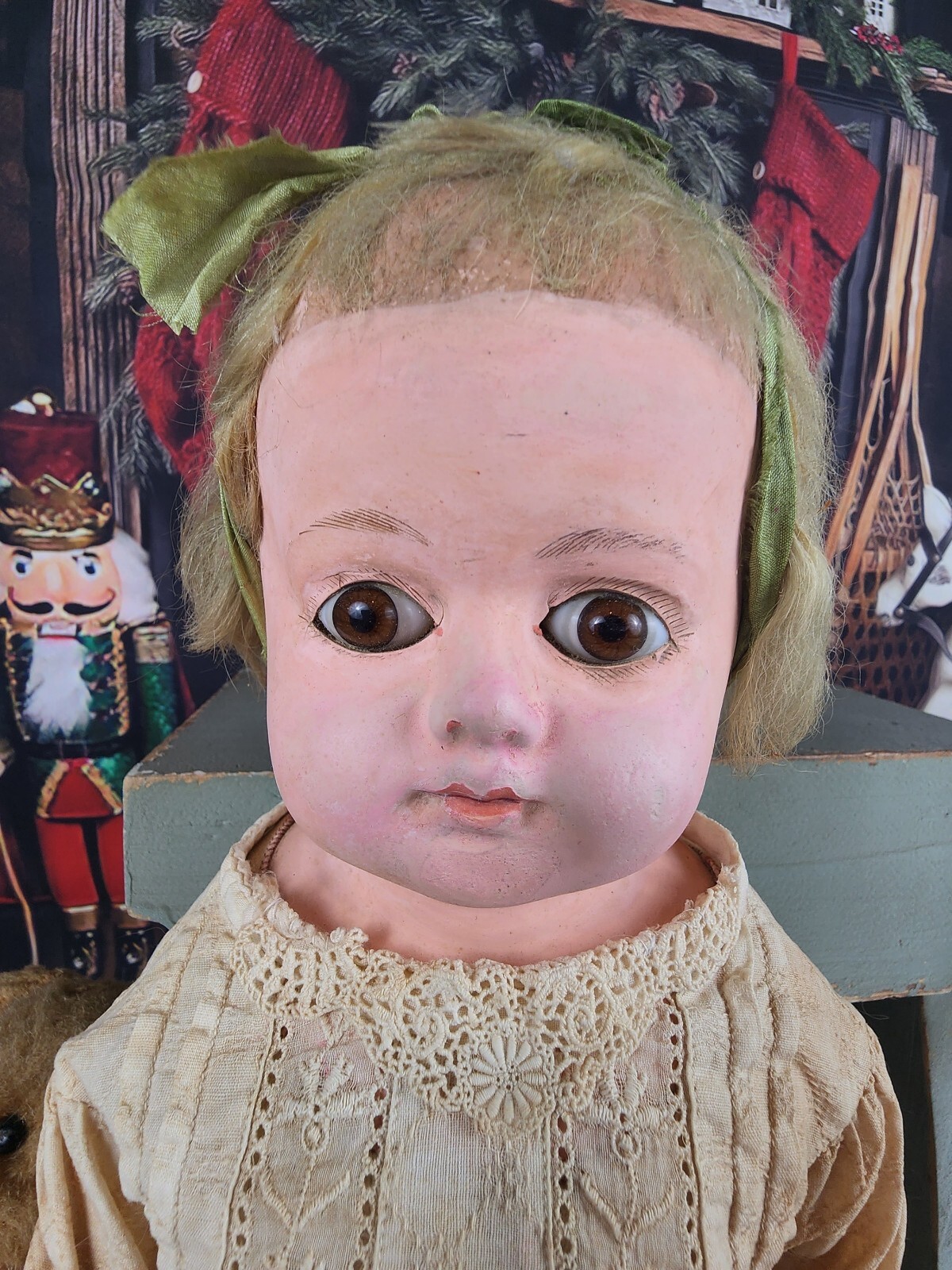 Antique paper mache doll26 inch, big brown eyes, bisque hands, cloth feet eBay