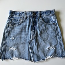 GAP Denim Skirt Tween Teen Girls 8 Blue Adj Waist Distressed Raw Hem Pockets