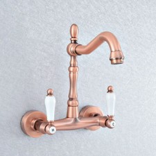 Antique Copper Wall Mount Kitchen Faucet Bathroom 360 Swivel Dual Hole Sink Tap