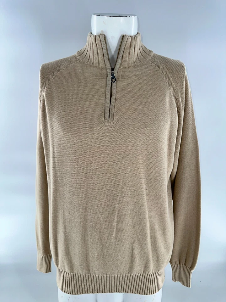 Robert Talbott 1/4 Zip Sweater Pullover Men’s M Tan Cotton Long Sleeve YGI A5-75 - Image 2 of 4