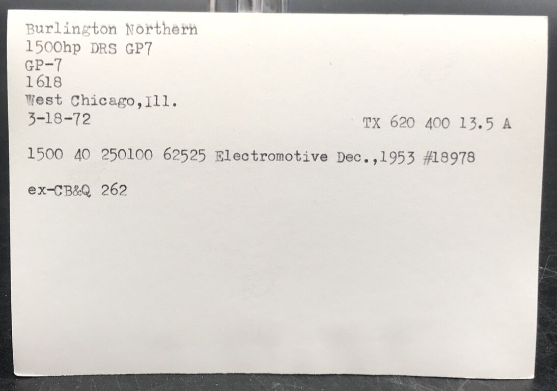 Burlington Northern Railroad BN #1618 GP7 Electromotive Train Photo West Chicago