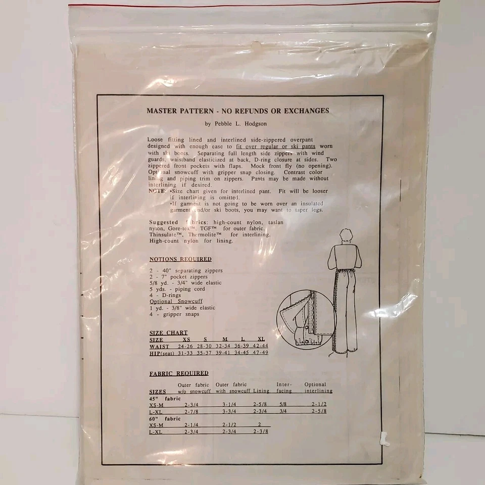 MENS Ski Over Pants UNCUT Sewing Pattern Full Zip XS Small Medium Large XL 1987 - Image 3 of 4
