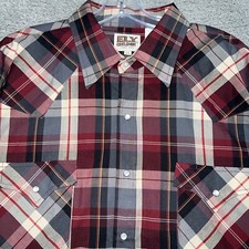 ELY Cattleman Shirt Men's Sz XL Burgundy Plaid Pearl Snap Button Up Long Sleeve