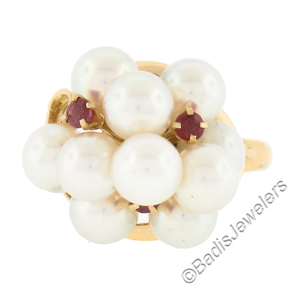 18k Yellow Gold 5mm Round Cultured Pearl & Ruby Prong Cluster Cocktail Ring - Image 4 of 4