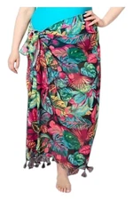 Susan Graver Women's Soleil Printed Sarong w Tassel Hem BlkMltiPalm