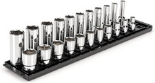 1/2 Inch Drive Shallow and Deep 6-Point Socket Set with Rails and Tray, 22-Piece