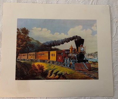 VINTAGE COURIER & IVES  THE TRAIN ASIDE THE RIVER  21 ''X 18'' LITHOGRAPH