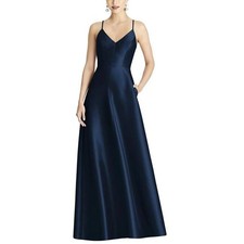 Alfred Sung V-Neck Criss Cross Back Satin Night Out Dress Midnight Blue Size 6
