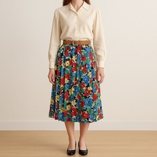 Vintage 80s Worthington Petite S Floral Pleated Midi Skirt Rayon Made USA