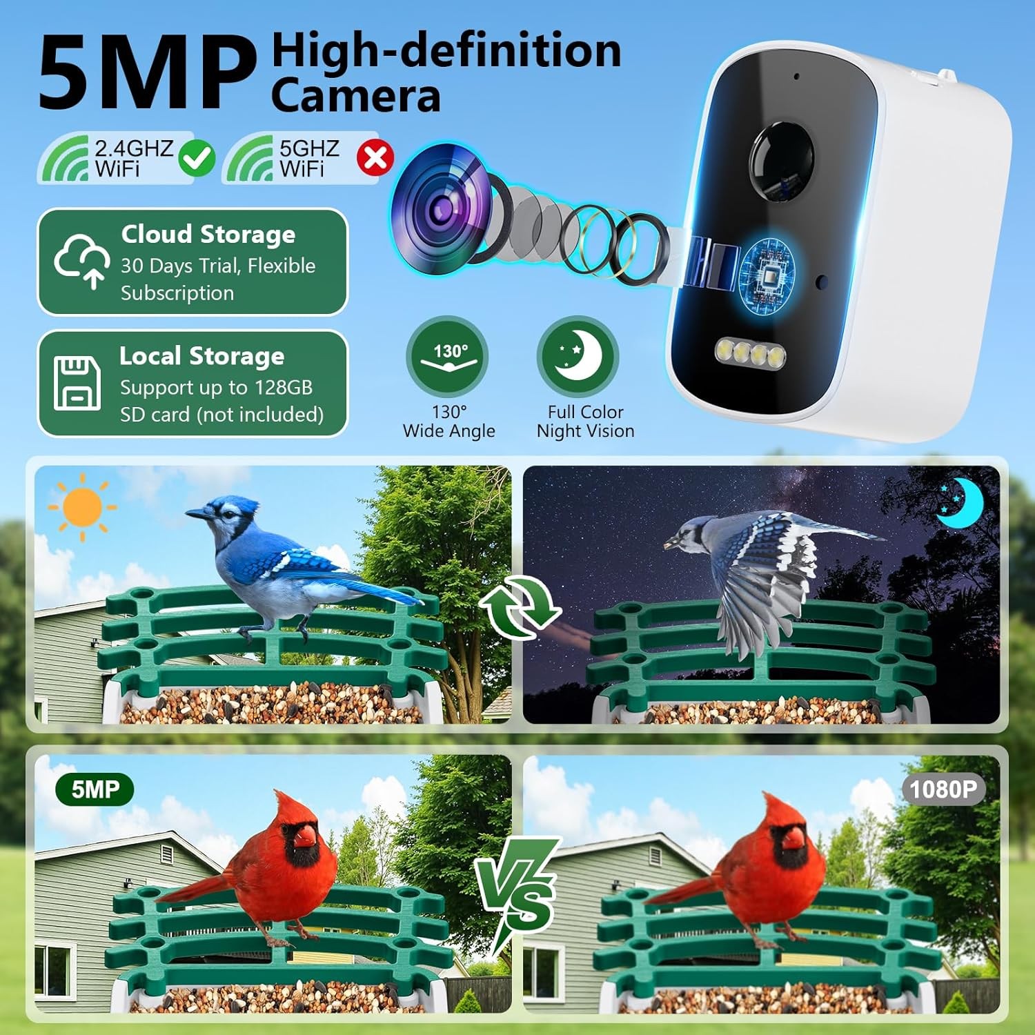 Smart Bird Feeder with Camera, AI Species Identification Solar Green 