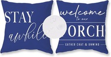 Dark Blue Outdoor Pillow Covers Waterproof 18X18 Set of 2 Decorative Welcome to