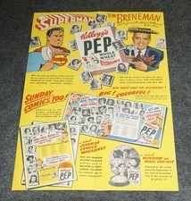 1940S KELLOGG'S PEP CEREAL ADVERTISING FOLD OUT POSTER FEATURING SUPERMAN ETC.