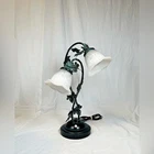 Vintage Green Vidigris Vine Double Gooseneck Frosted Lily Art Nouveau Lamp