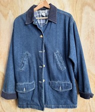 VTG Cherokee Denim Chore Barn Jacket Flannel Lined Blue Plaid Size Small