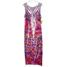 One World Sublimation V Neck Sleeveless Maxi Dress L NEW Pink Purple Slinky