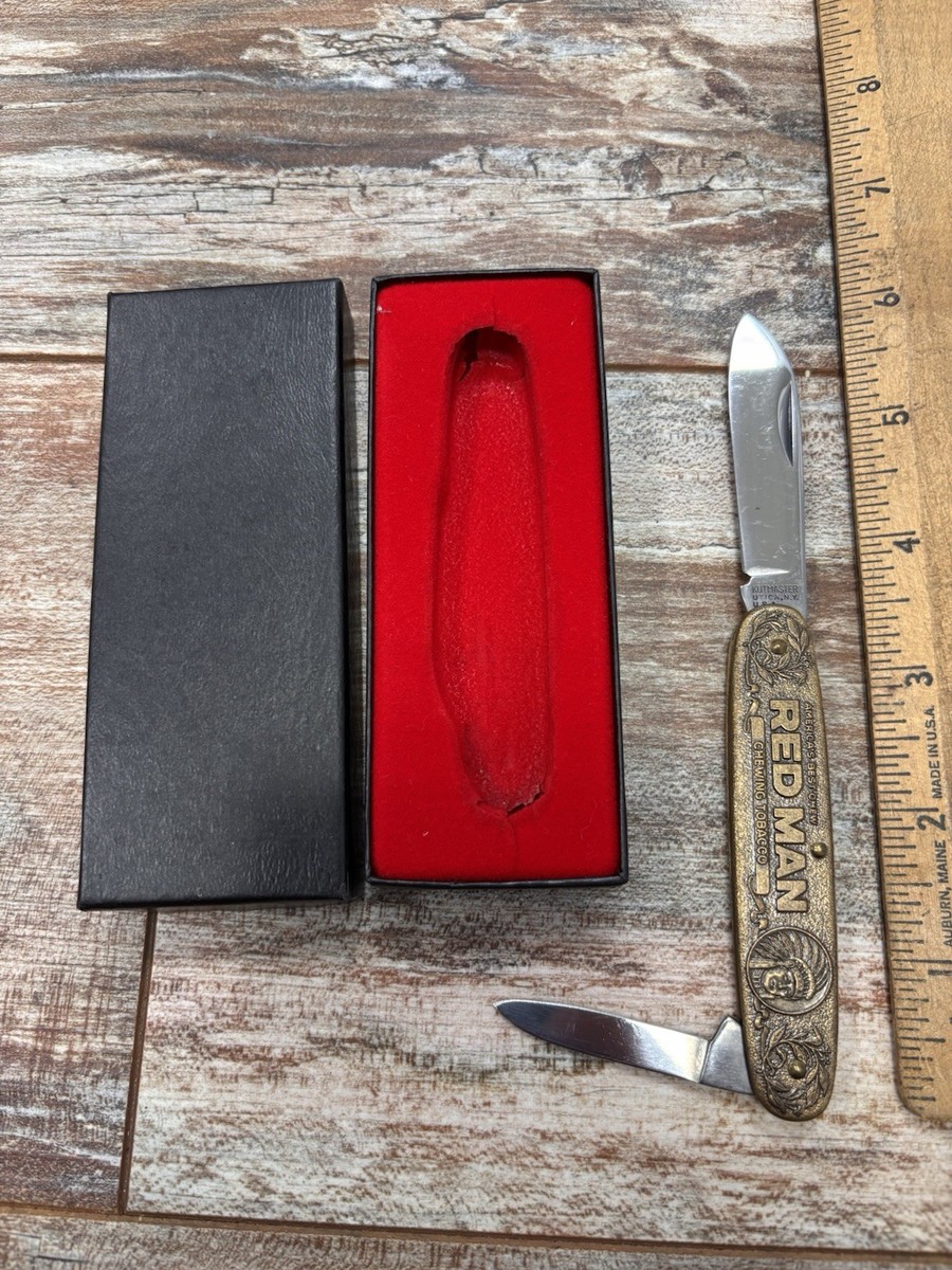 Vintage RED MAN Chewing Tobacco Brass Pocket Knife by Kutmaster New Boxed