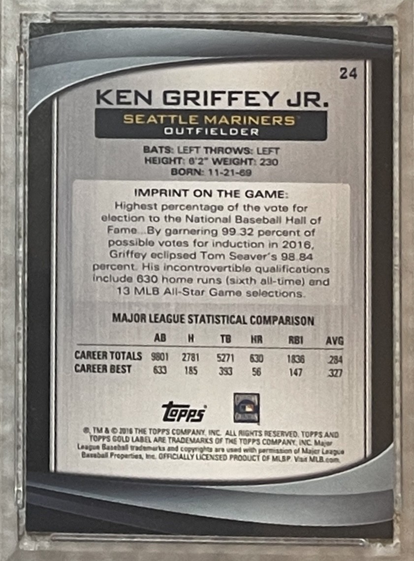 2016 TOPPS GOLD LABEL KEN GRIFFEY JR CLASS 1-RED /100 PSA 9~MINT SLAB~POP 2/3^ view 6