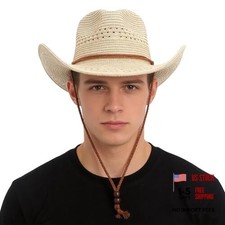 Straw Western Cowboy Hat for Men Women UV Protection Wide Brim One Size Beige