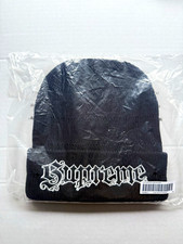 Supreme Black Beanie Hat metallic striped Leather Applique White Logo