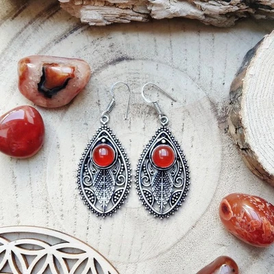 Boucles d'oreilles pendantes bohème chic argent et cornaline - Pièce unique - Photo 1/4