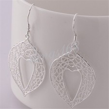 925 Sterling Silver Tarnish-Free Filligree Leaf Open Heart Dangle Earrings E870