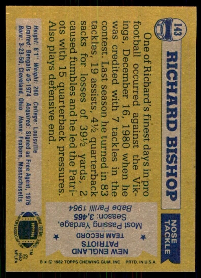 1982 Topps^ Richard Bishop. New England Patriots #143 - Image 2 of 2