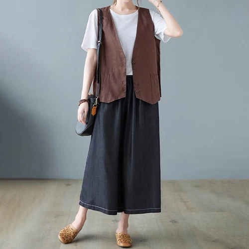 Mujeres Algodón Lino Sin Mangas Chaleco Abrigo Damas Botones Chaleco Informal Camiseta sin Mangas - Imagen 5 de 45