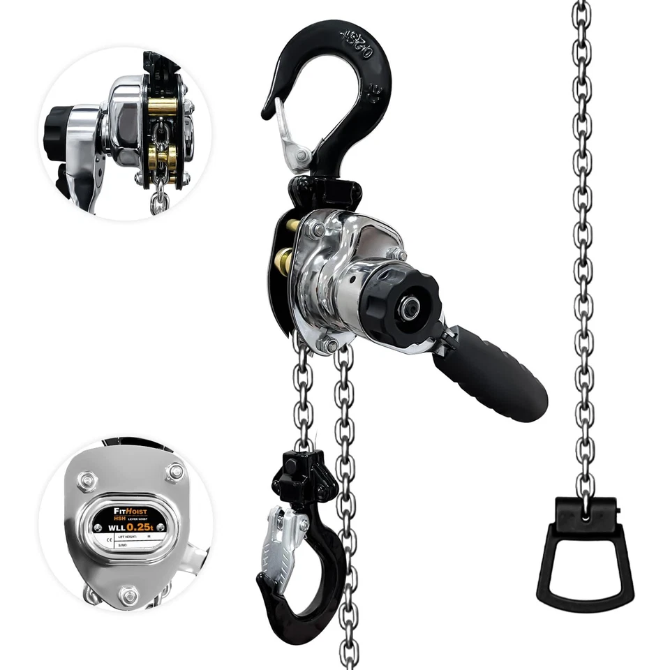 FITHOIST Chrome Plated Mini Chain Hoist 1/4 ton 550Lbs, Manual Lever Chain Hoist