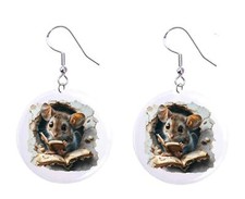 Reading Mouse in a Hole in a Wall Button Earrings Jewelry 1" Dangle MADE IN USA