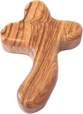 Perfect Hand fit Olive Wood Cross - Carved Round and with Hand Shape (2.6 In)