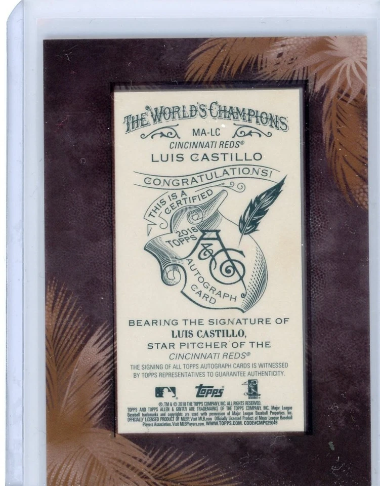 2018 Topps Allen and Ginter Autograph #MA-LC Luis Castillo No 15 of 25 - Image 2 of 2