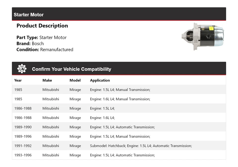 For 1985-1996 Mitsubishi Mirage Bosch Starter (Remanufactured) 1986 1987 1988 - Image 2 of 4