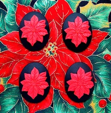 4 NEW Unset Christmas RED POINSETTIA on BLACK 40mm x 30mm Costume Jewelry CAMEOS