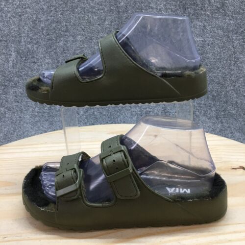 Mia Sandals Womens 7 Slip On Slides Olive Casual Open Toe Buckle Strap Faux Fur - Picture 2 of 17