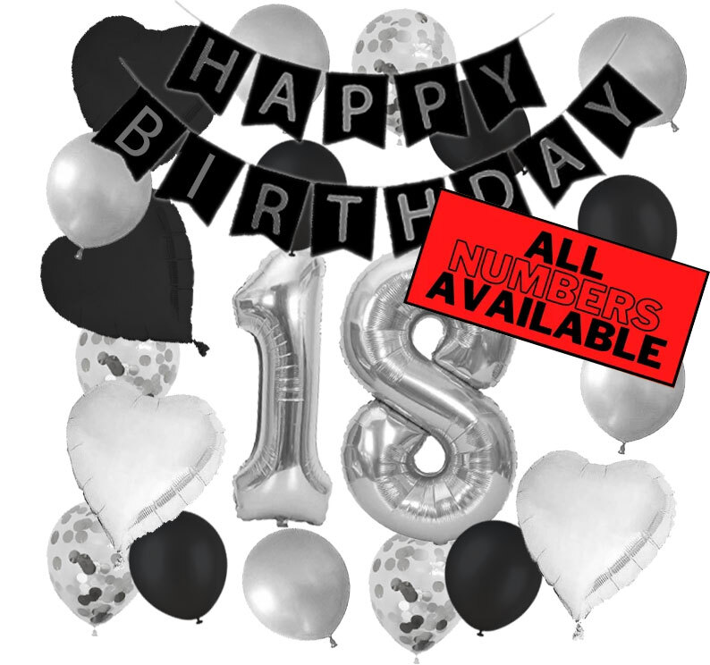 Sweet 18th Birthday Balloon Decorations Kit - Black Foil Number 18, Banner, Hearts, Stars & Confetti - View #4