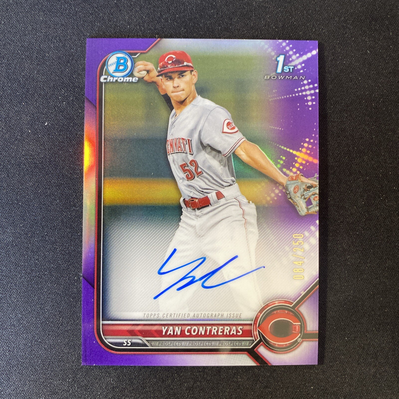 2022 Bowman #CPA-YC Yan Contreras Chrome Prospect Auto Purple Refractor /250 1st