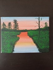 tableau toile acrylique paysage couché de soleil dimension 18x24 signé avec cert