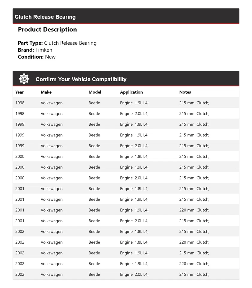 Cojinete de liberación de embrague Timken 1999 2000 2001 para Volkswagen Beetle 1998-2002 Foto 2 de 4