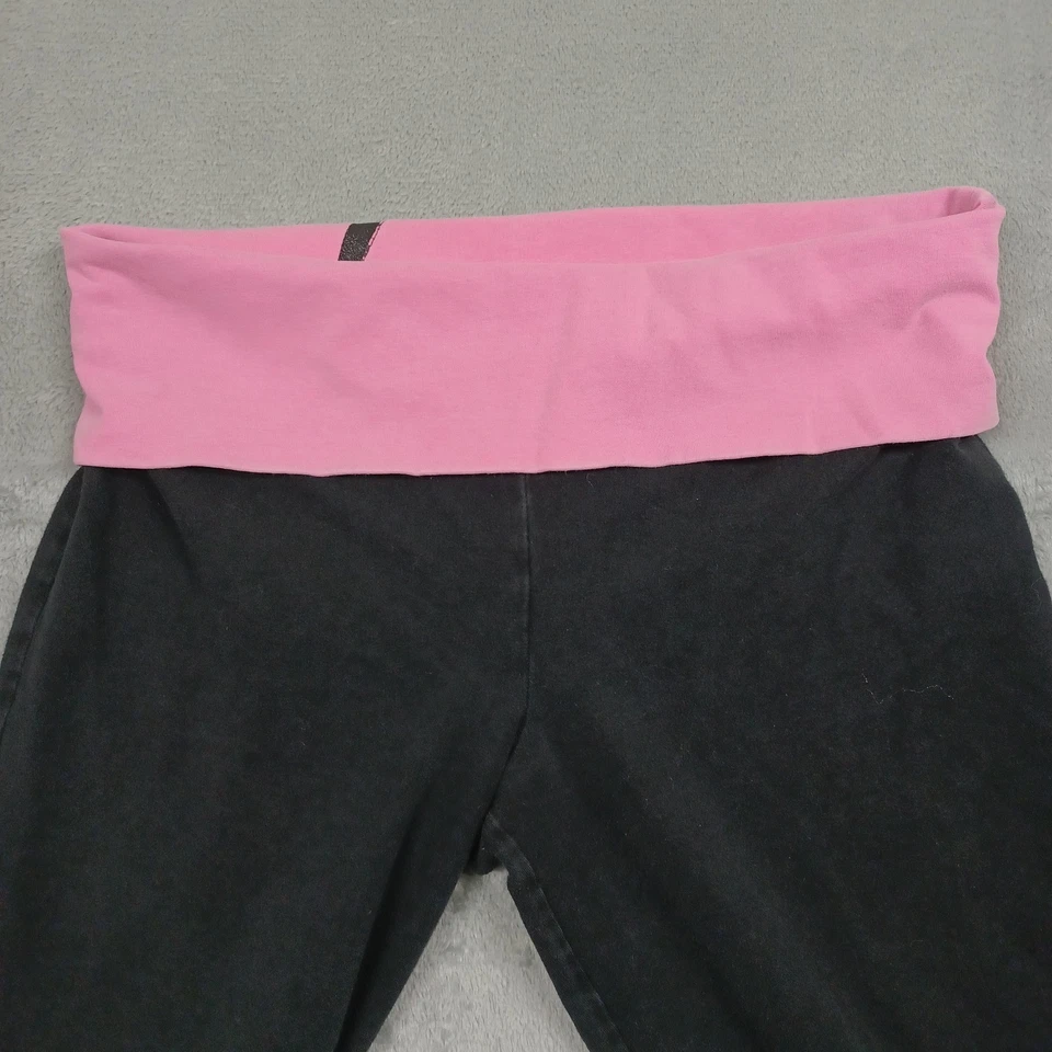Victoria Secret Leggings Womens Medium Black Pull On Y2K Fold Over Flared Pink - Image 3 of 4