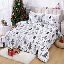 King Size Christmas Duvet Cover Set 3 Pieces Tree Snowflake Grey Check Bedding