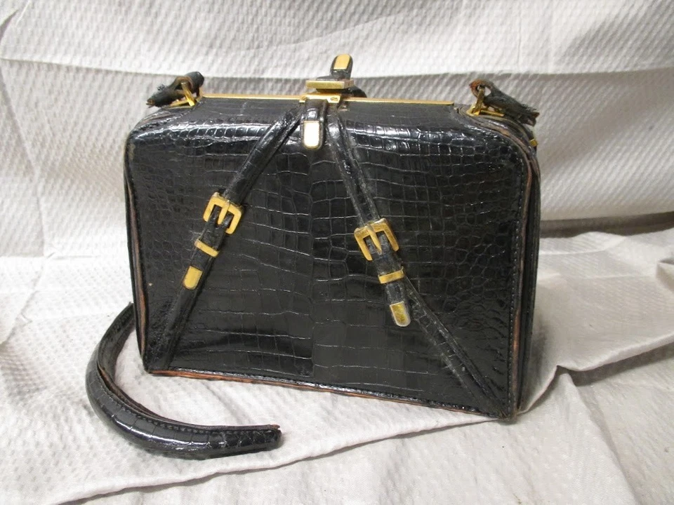 Antiguo bolso de mano francés vintage de cocodrilo negro Foto 2 de 4