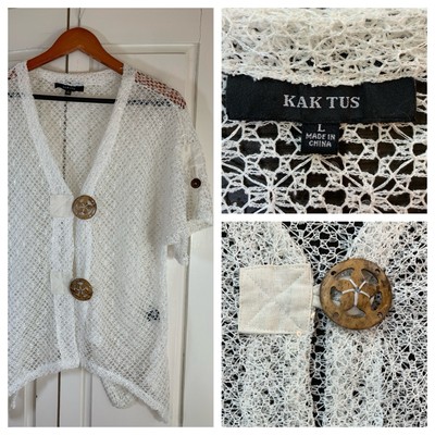 Boho Hippie Open Weave Jacket Sweater Top Womens Large Kaktus Neutral Bohemian