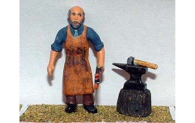 Bemalter Schmied mit Amboss & verschiedenen Werkzeugen (O Maßstab 1:43) Langley OF12p